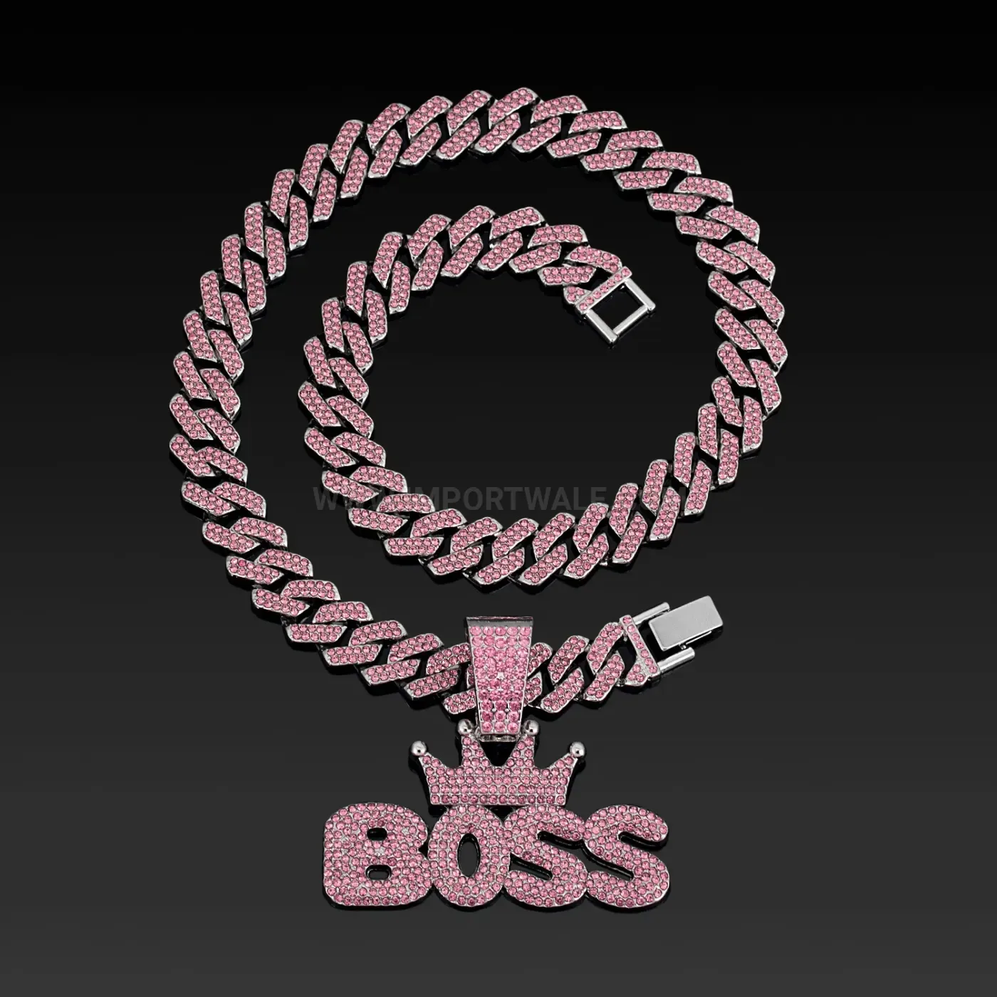 Zinc Alloy Boss Crown Letter Pendant Cuban Link Necklace with Pink Rhinestones