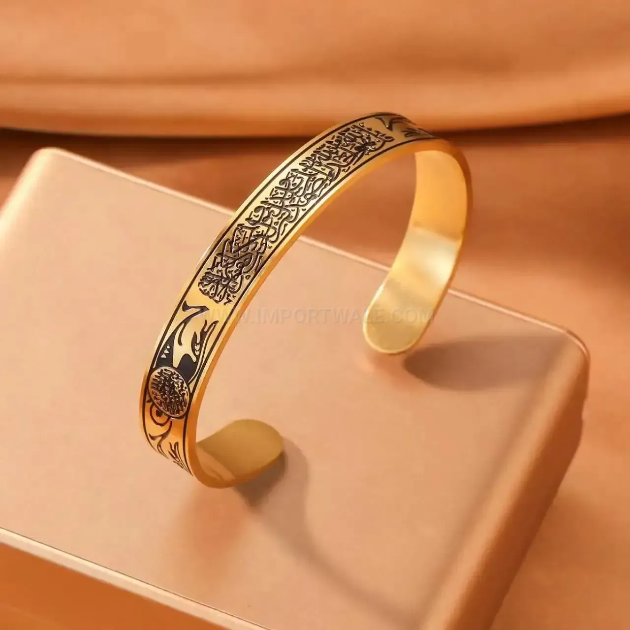 Stainless Steel Ayat Al Kursi Black Enamel Islamic Cuff Bangle