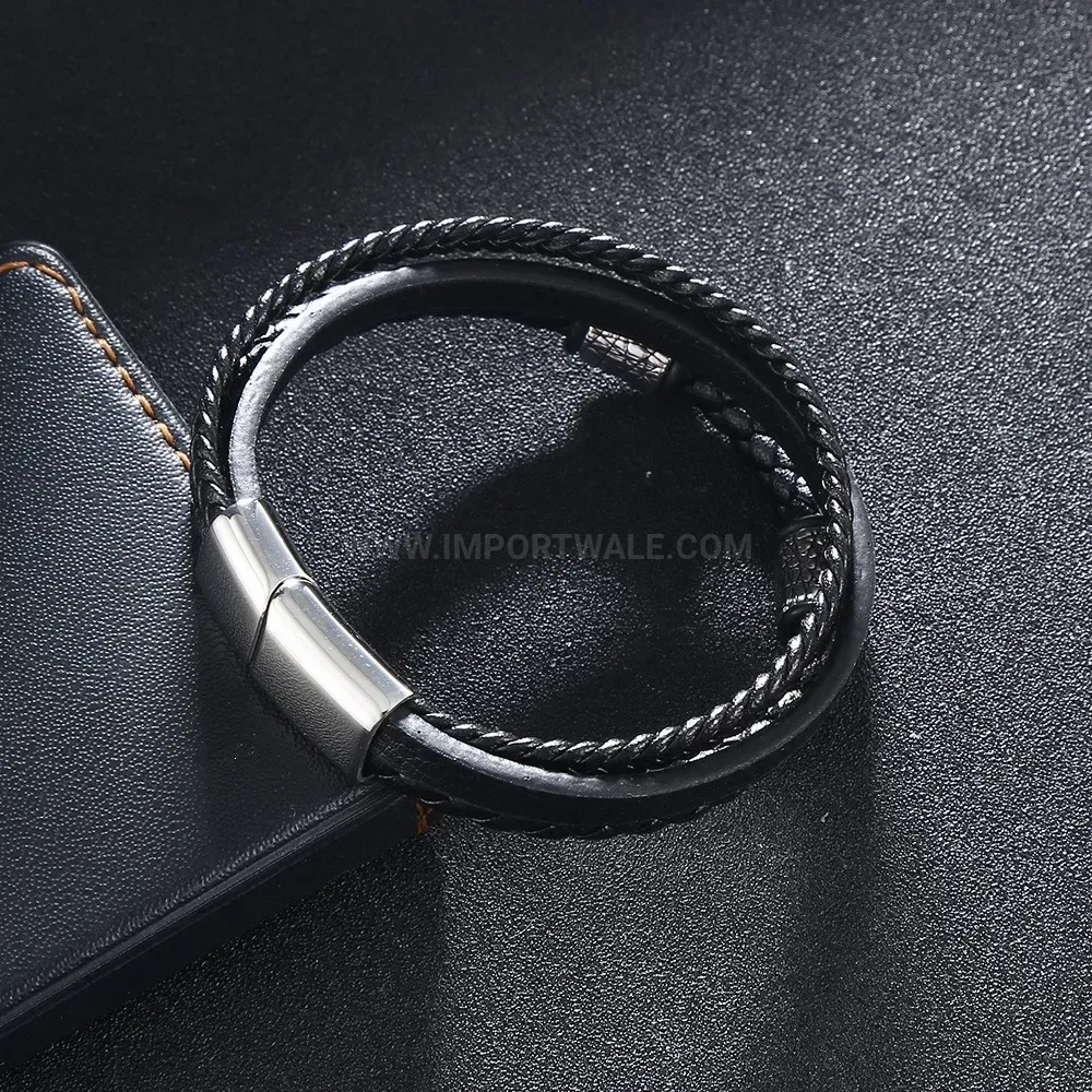 Multilayer Woven Microfiber Leather Bracelet with Stainless Steel Accents