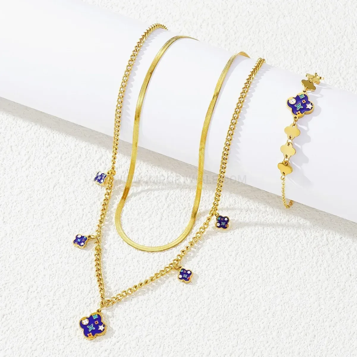 Modern Enamel Floral Titanium Steel Layered Necklace and Bracelet Jewelry Set