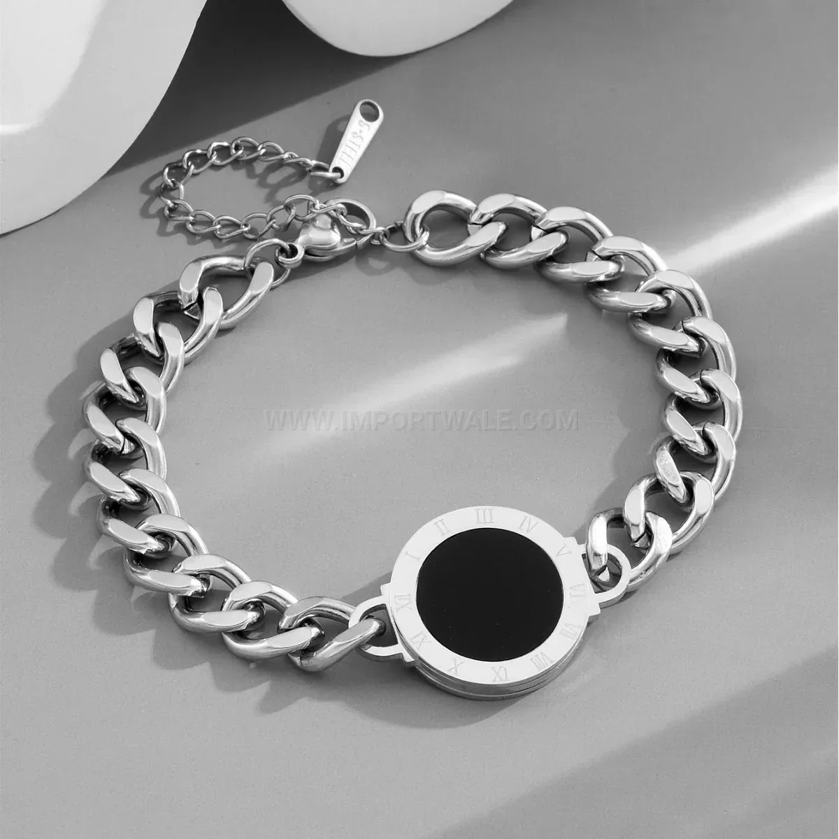 Bold Rhinestone Roman Numeral Titanium Steel Bangle Bracelet