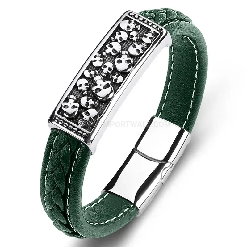 Modern Classic Skull Stainless Steel Leather Bangle Bracelet