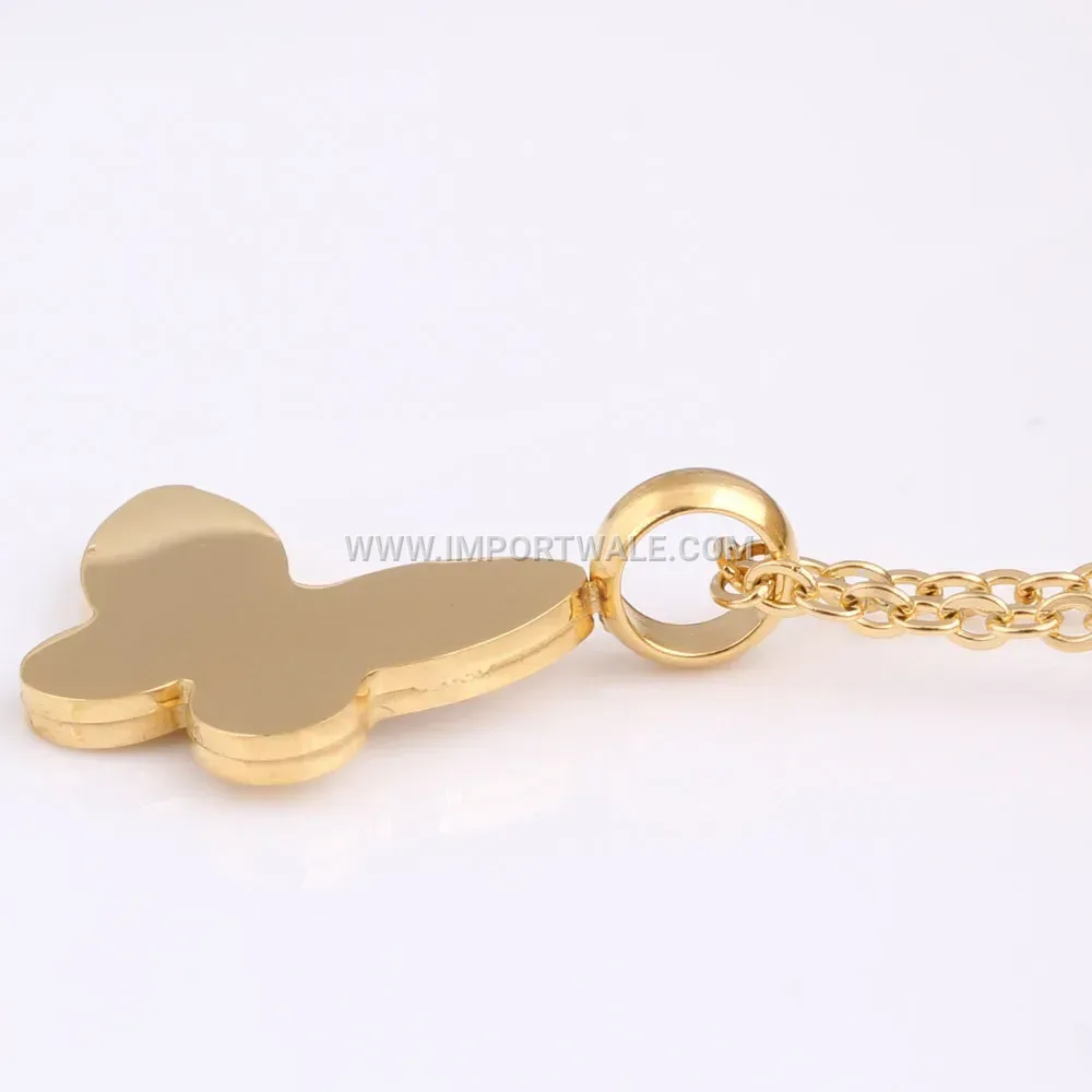 Gold Stainless Steel Shell Inlaid Butterfly Pendant Necklace