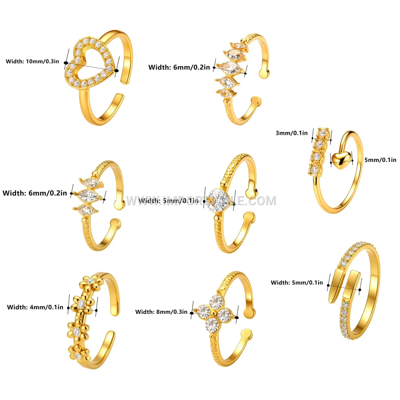 Adjustable Stainless Steel Geometric Open Ring Set with Rhinestone Accents
