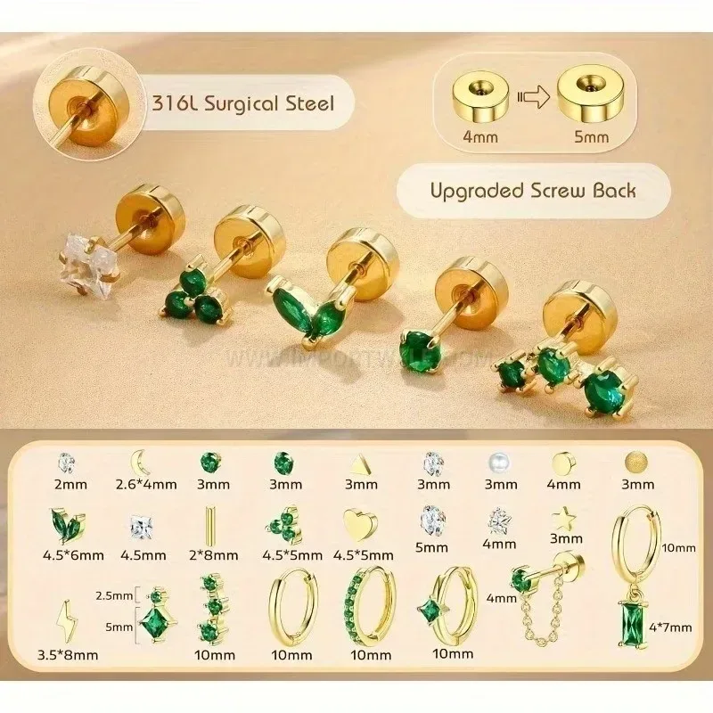 Premium Stainless Steel Rhinestone and Pearl Piercing Cartilage Stud Earring Set
