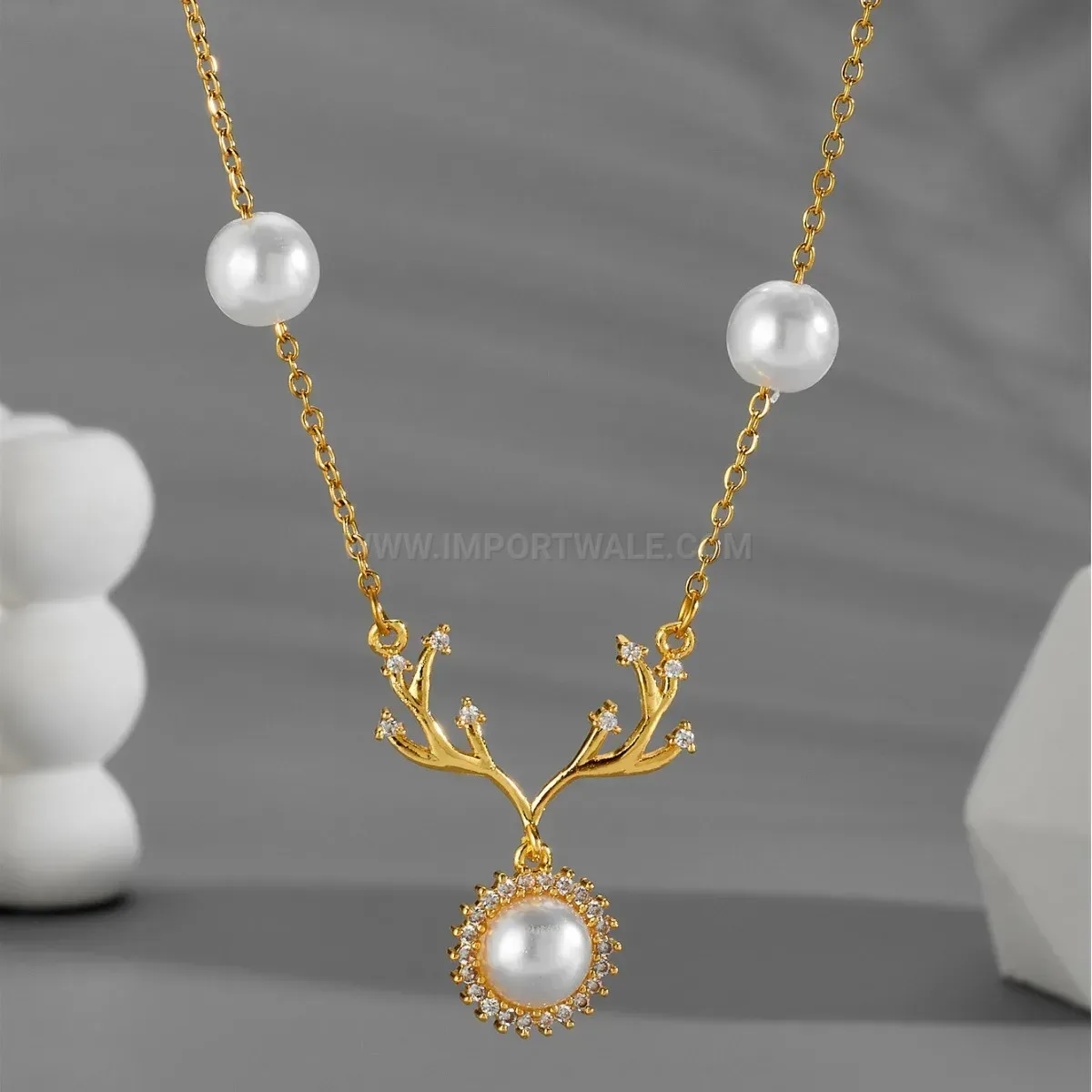 Premium Gold Plated Antler Pendant Necklace with Pearl Accent and Zirconia