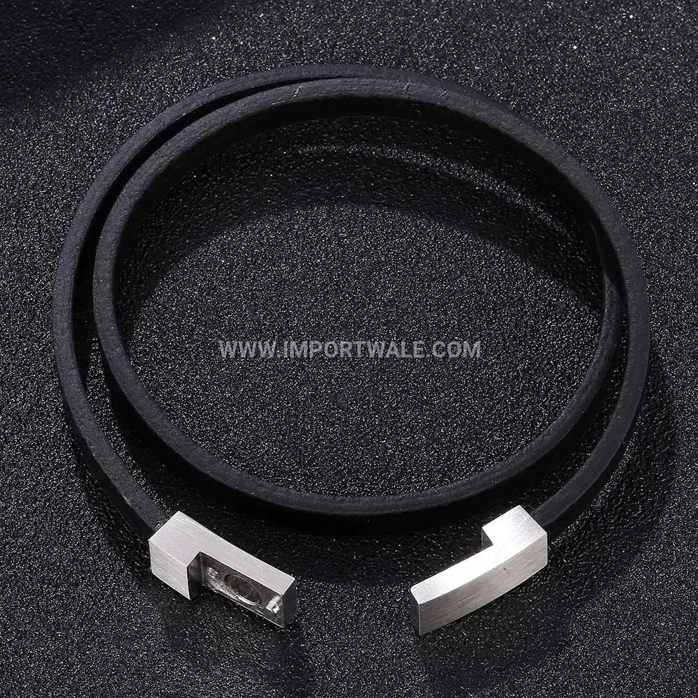 Multi Layer Black Leather Men Bracelet with Stainless Steel Accents