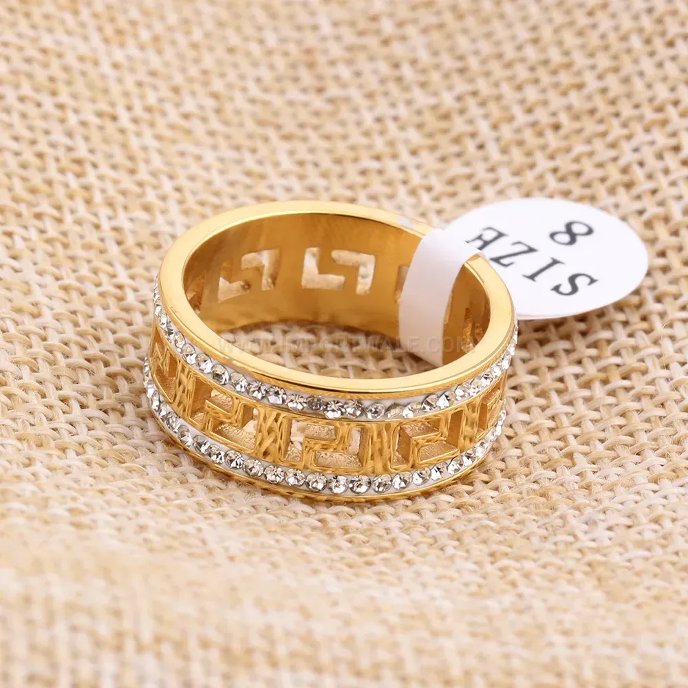 Fashion Double Row Rhinestone Cutout Gold Stainless Steel Ring