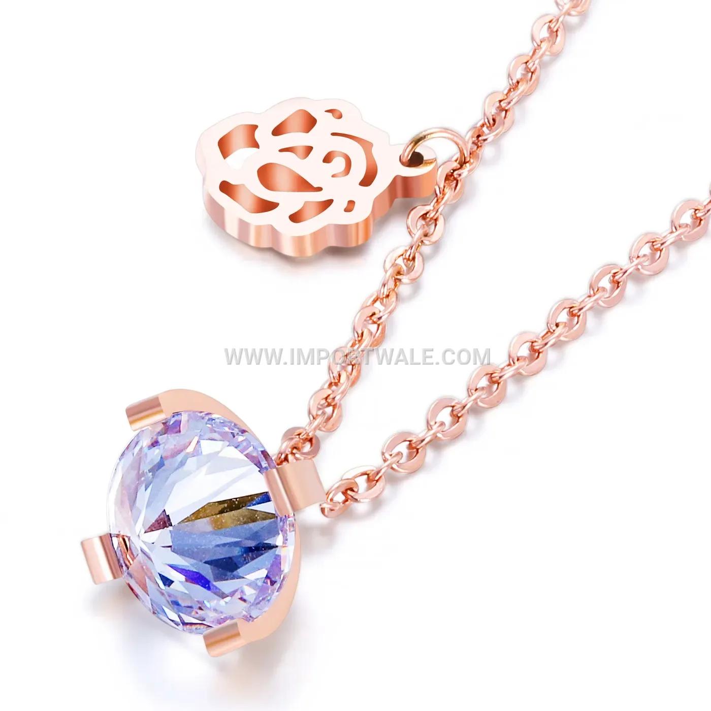 Rose Gold Hollow Rose Teardrop Crystal Stainless Steel Necklace