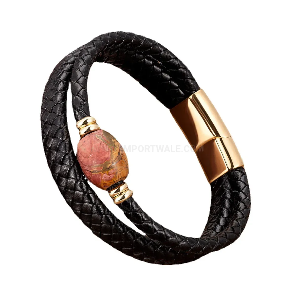 Handcrafted Braided Leather Stone Bracelet with Stainless Steel Clasp