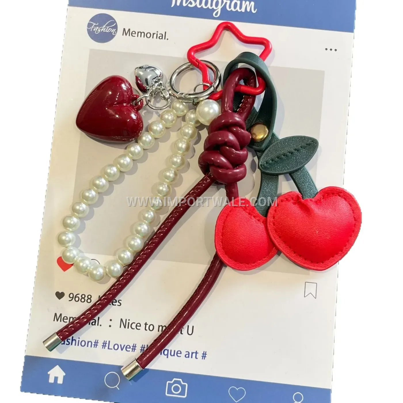 Burgundy Leather Heart and Cherry Charm Keychain