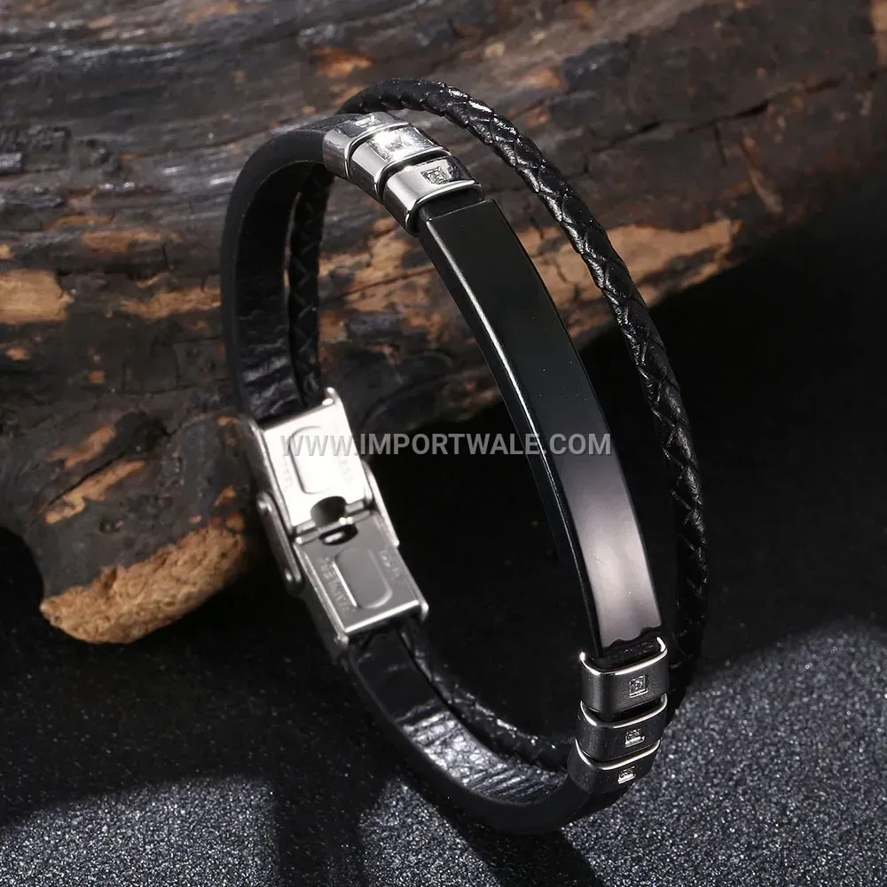 Multi-Strand Braided Leather Bracelet with Inlaid Steel Clasp