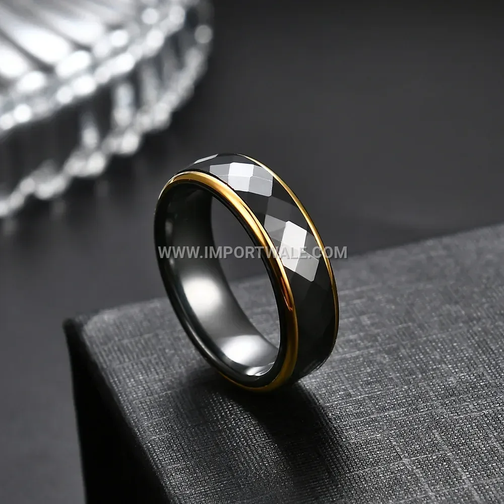 Gold Trimmed Diamond Cut Ceramic Ring