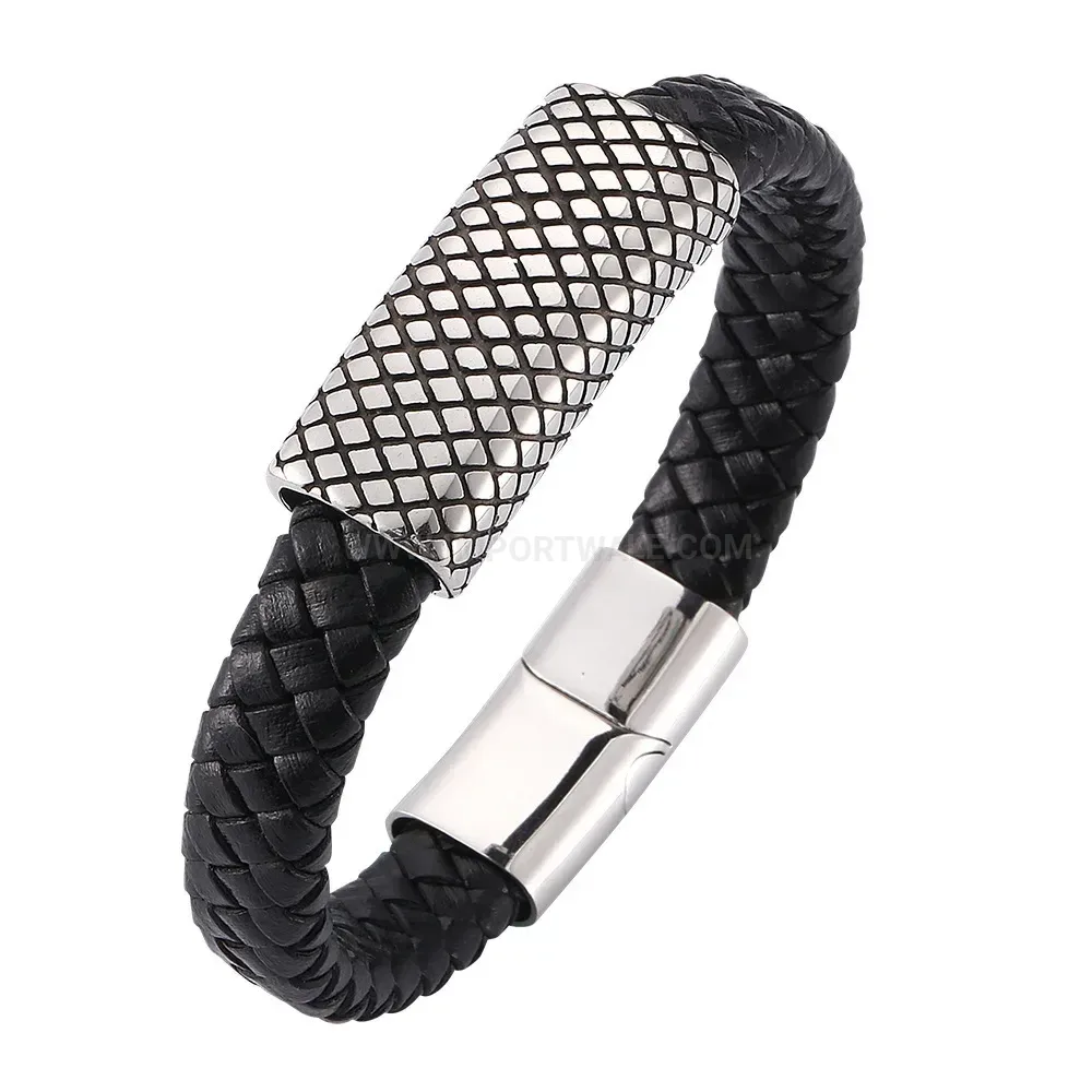 Vintage Punk Style Black Leather Bracelet with Stainless Steel Magnetic Clasp