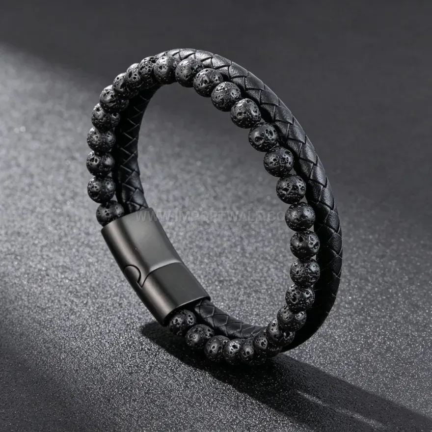 Chic Multi Strand Leather and Lava Stone Beaded Men's Bracelet