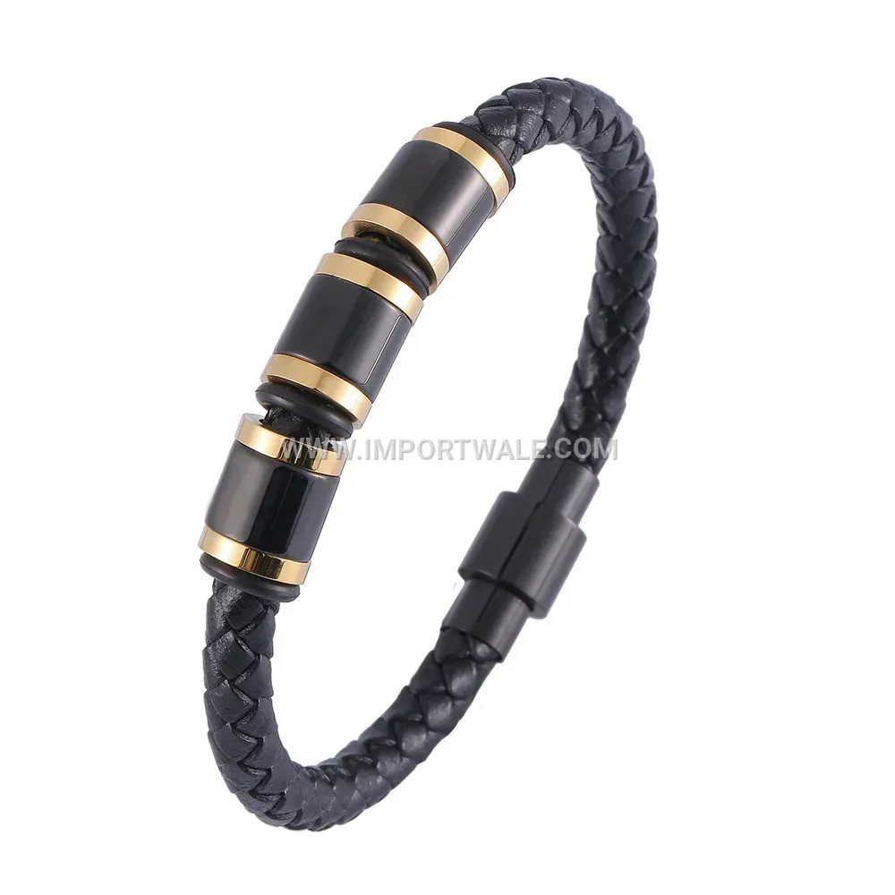 Geometric Stainless Steel and Leather Strap Wristband Bracelet