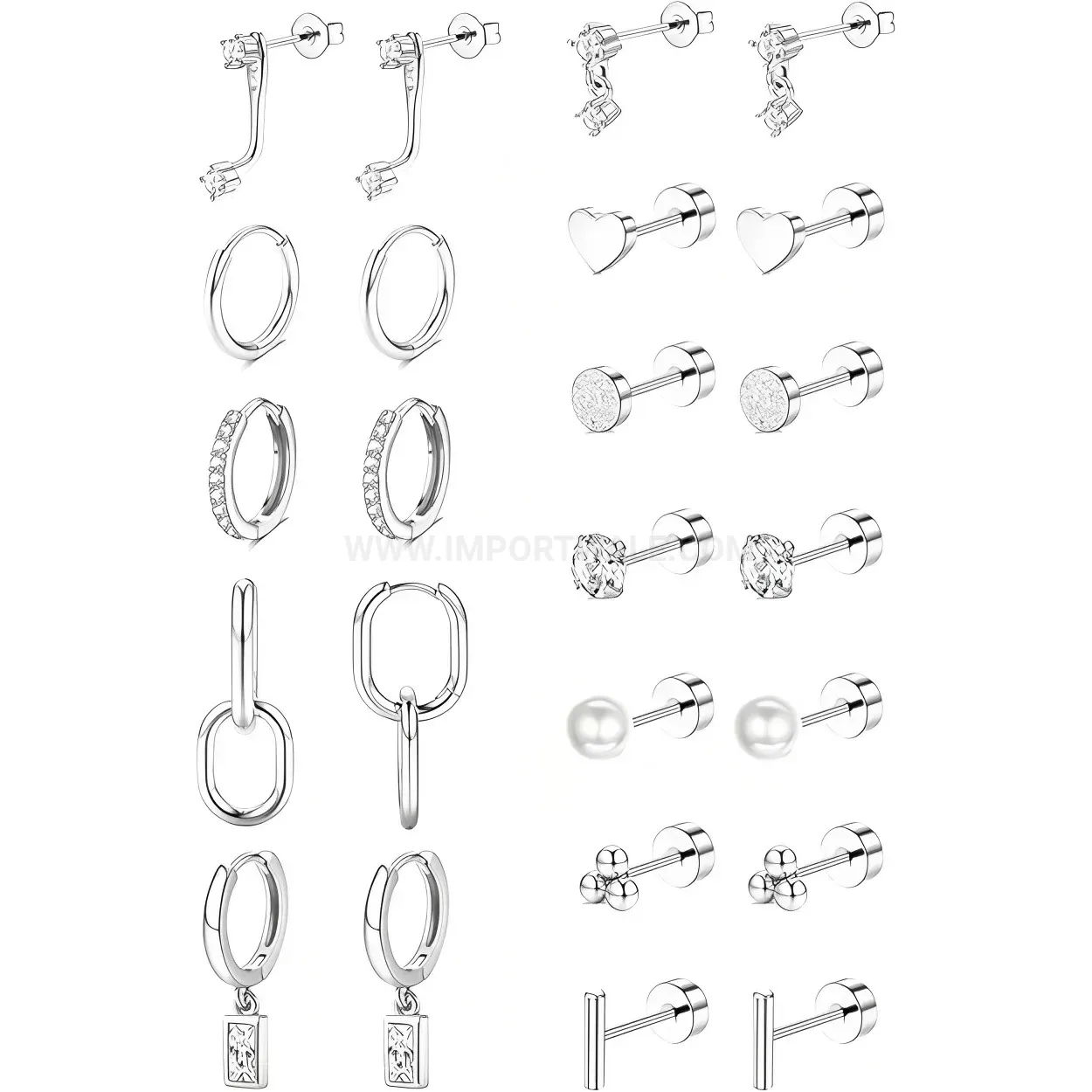 Classic Geometric Stainless Steel Crystal and Pearl Piercing Stud Set