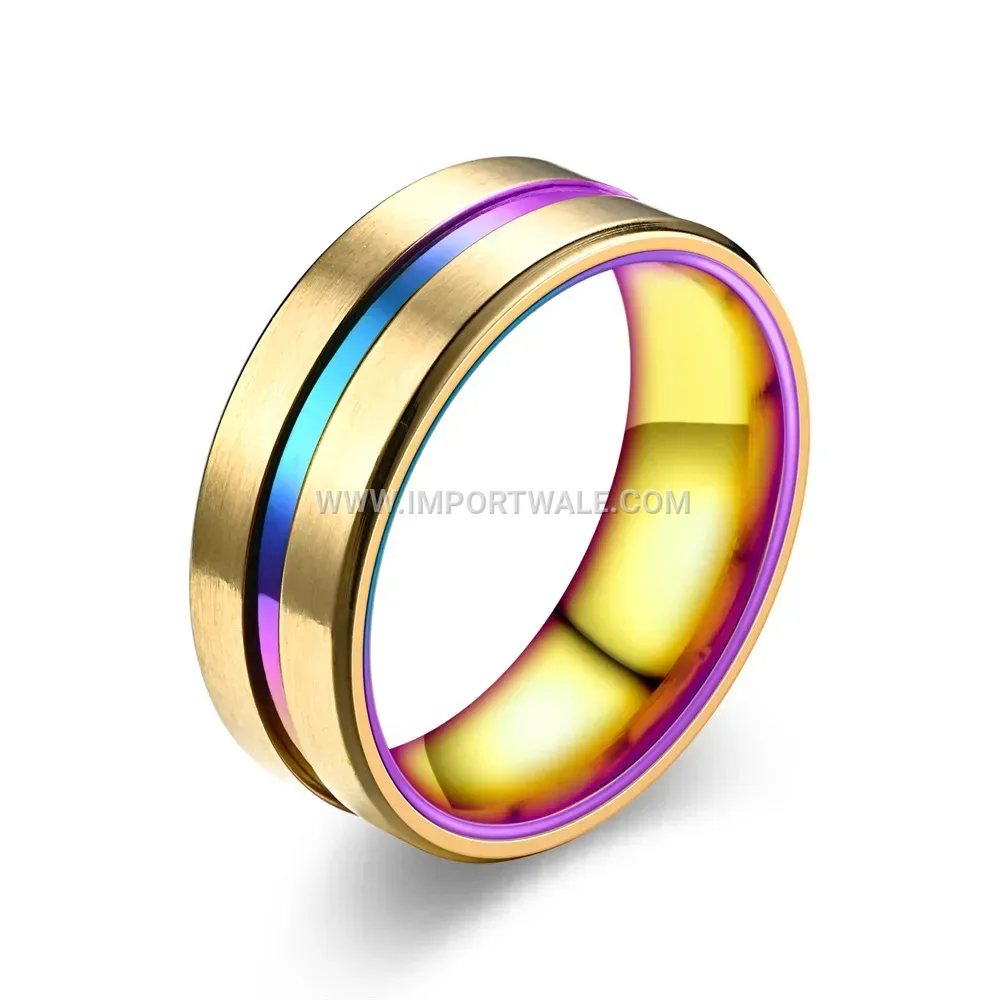 Stainless Steel Beveled Grooved Band Ring with Colorful Inlay