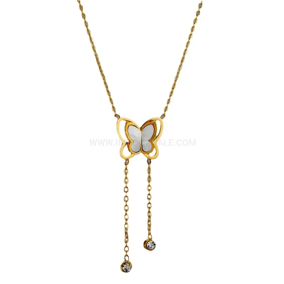 Gold Titanium Steel Hollow Butterfly Tassel Mother of Pearl Pendant Necklace