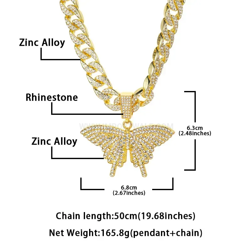 Iced Out Butterfly Alloy Hip Hop Pendant Necklace