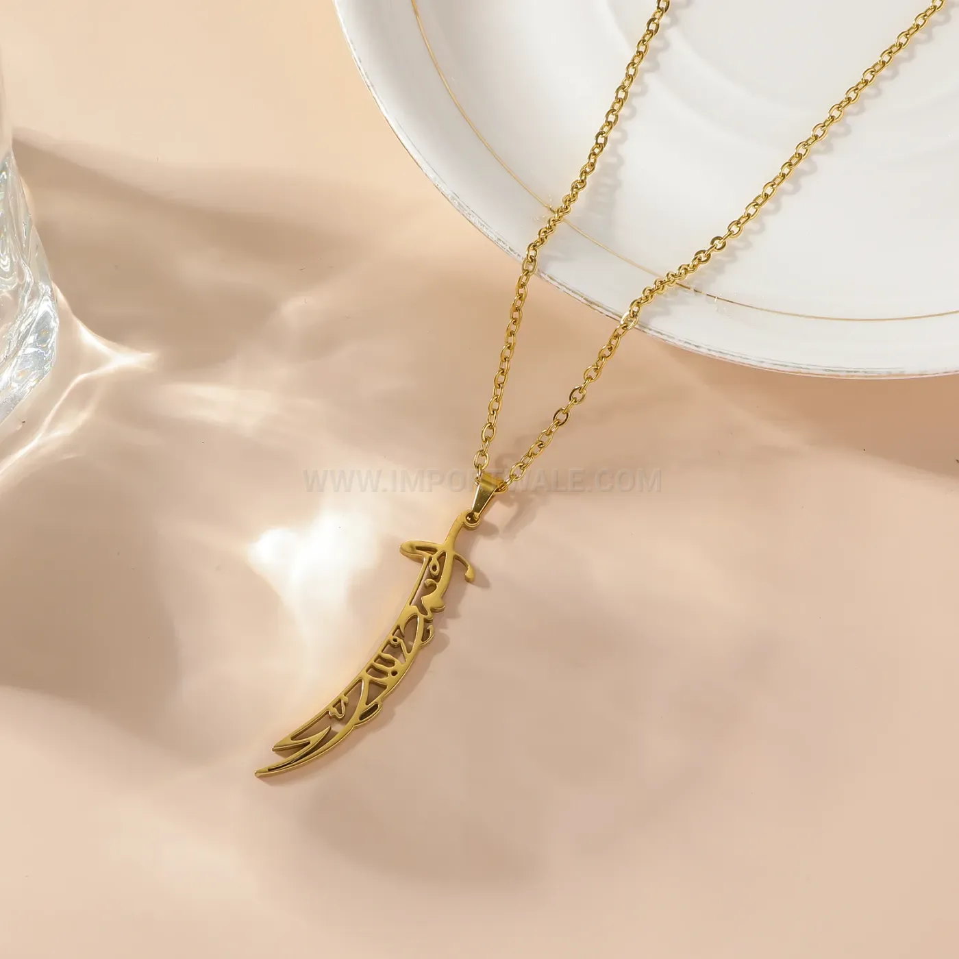 Elegant Stainless Steel Gold Plated Scimitar Sword Amulet Necklace