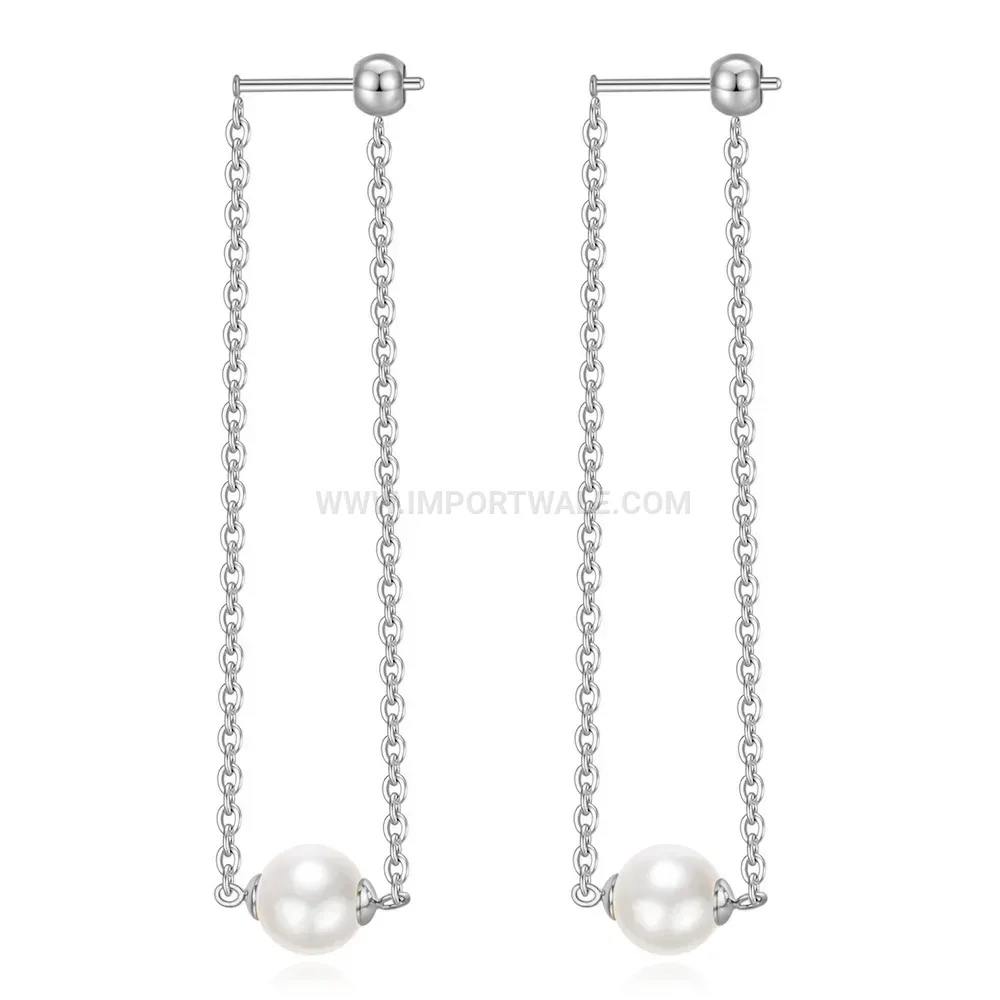Faux Pearl Long Tassel Chain Stainless Steel Earrings