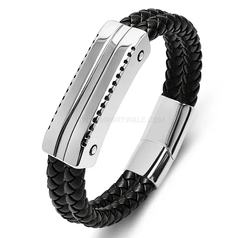 Fashion Men's Two-Tone Braided Leather Stainless Steel Punk Bracelet
