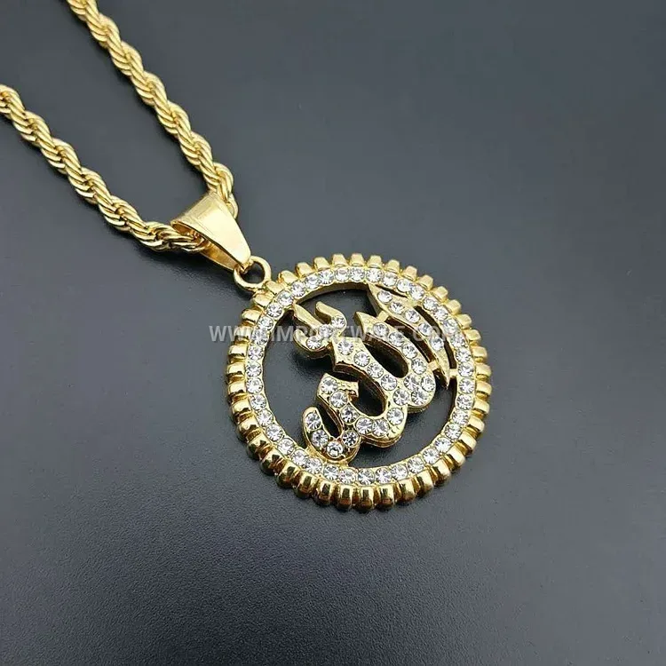 Sparkling Zircon Stainless Steel Arabic Calligraphy Allah Pendant Necklace