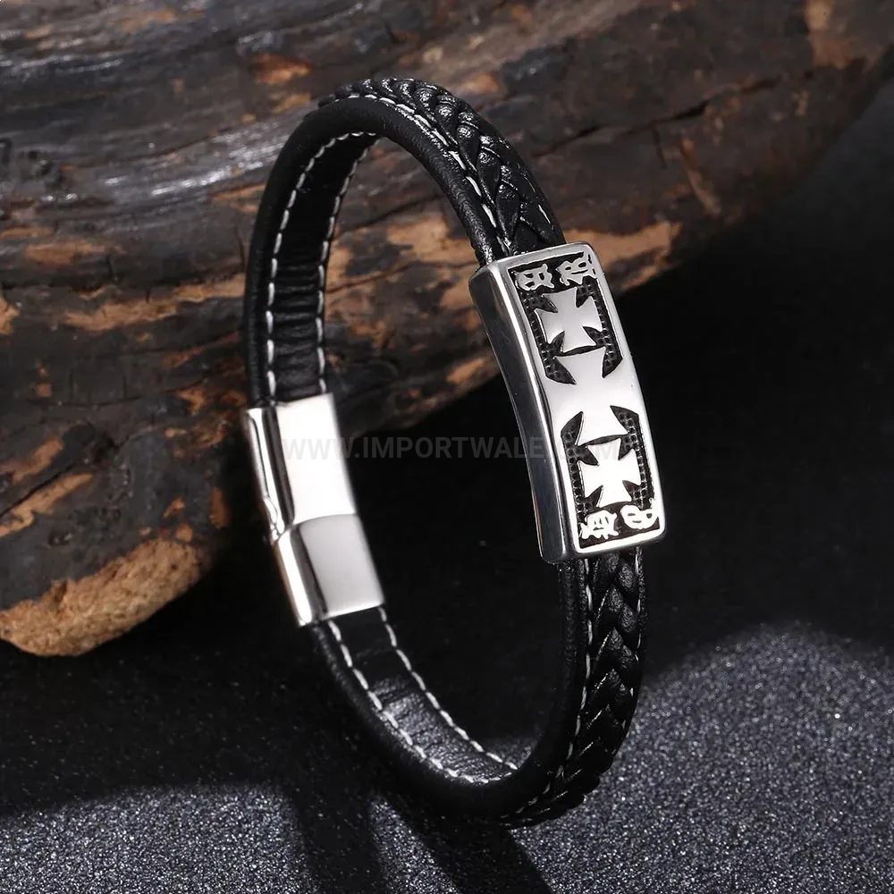 Premium Braided Leather Steel Cross Charm Wristband
