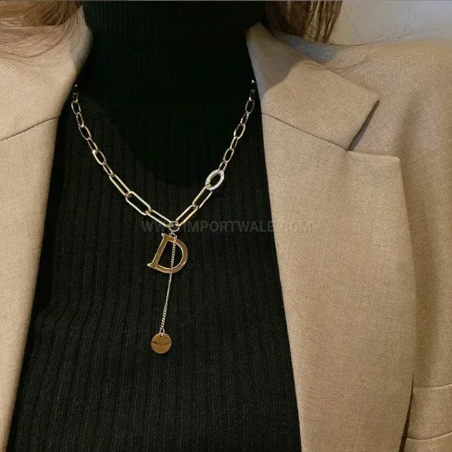 Chic Titanium Steel Statement Letter D Gold Tone Pendant Necklace