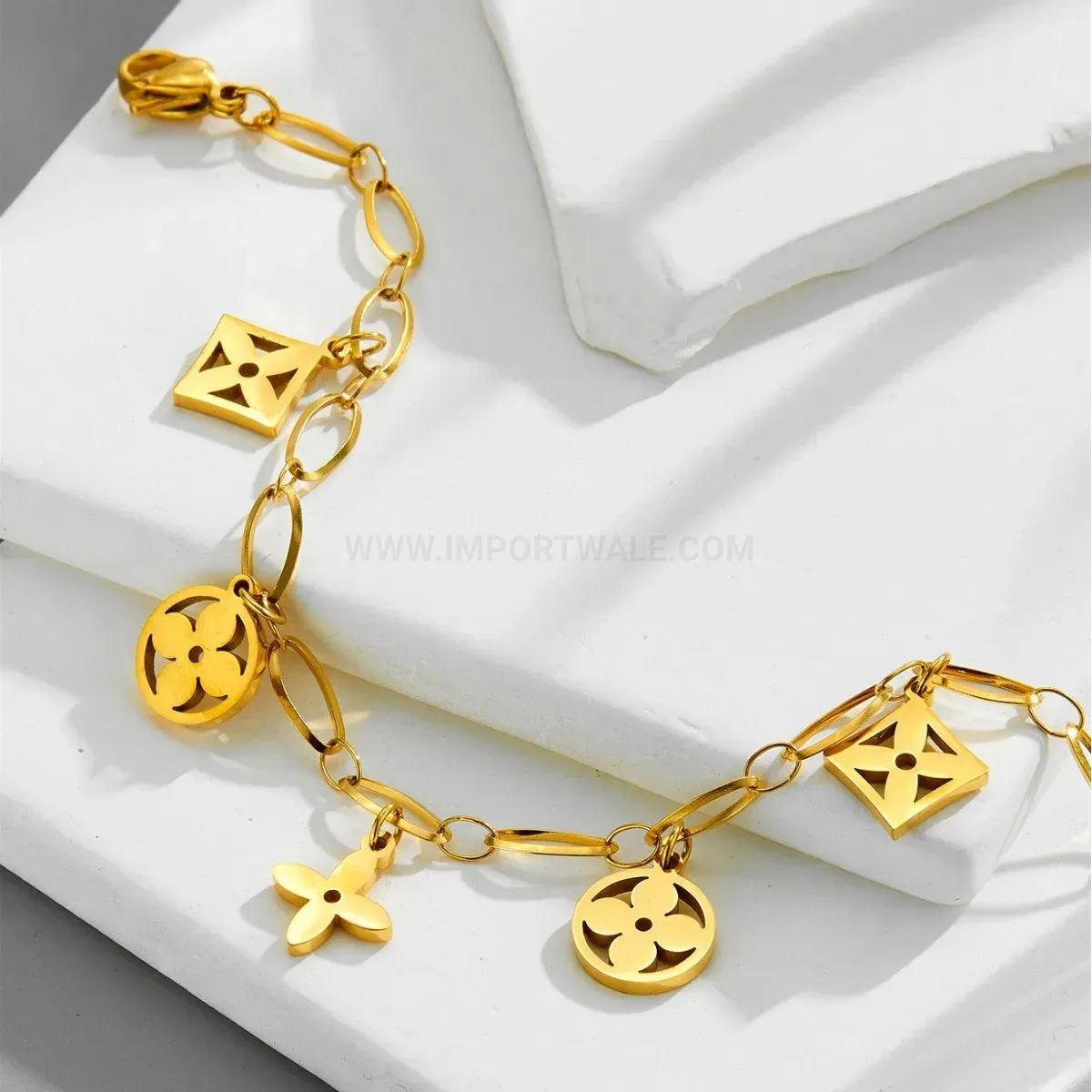 Gold Plated Stainless Steel Four Leaf Clover Tassel Charm Bracelet