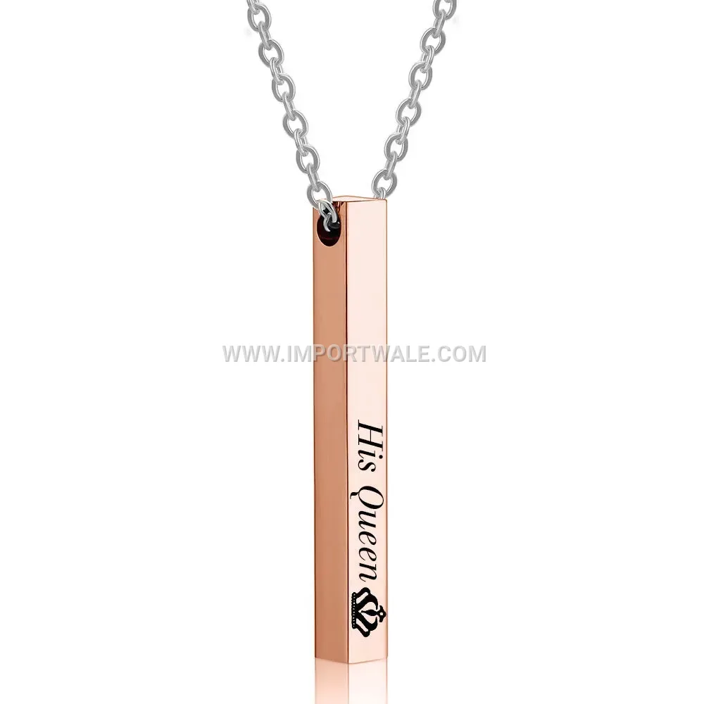 Crown Engraved Vertical Bar Pendant Stainless Steel Pendant Necklace