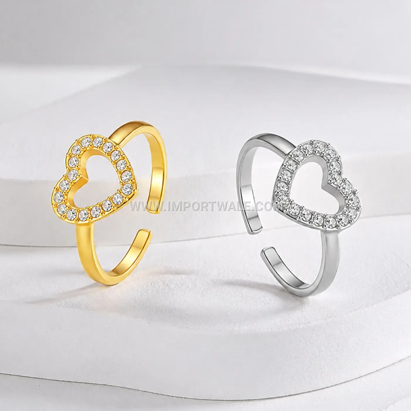 Open Heart Stainless Steel Rhinestone Adjustable Ring