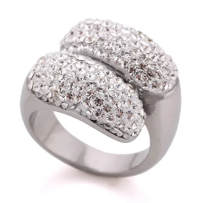Wide Crystal Encrusted Stainless Steel Statement Band Ring