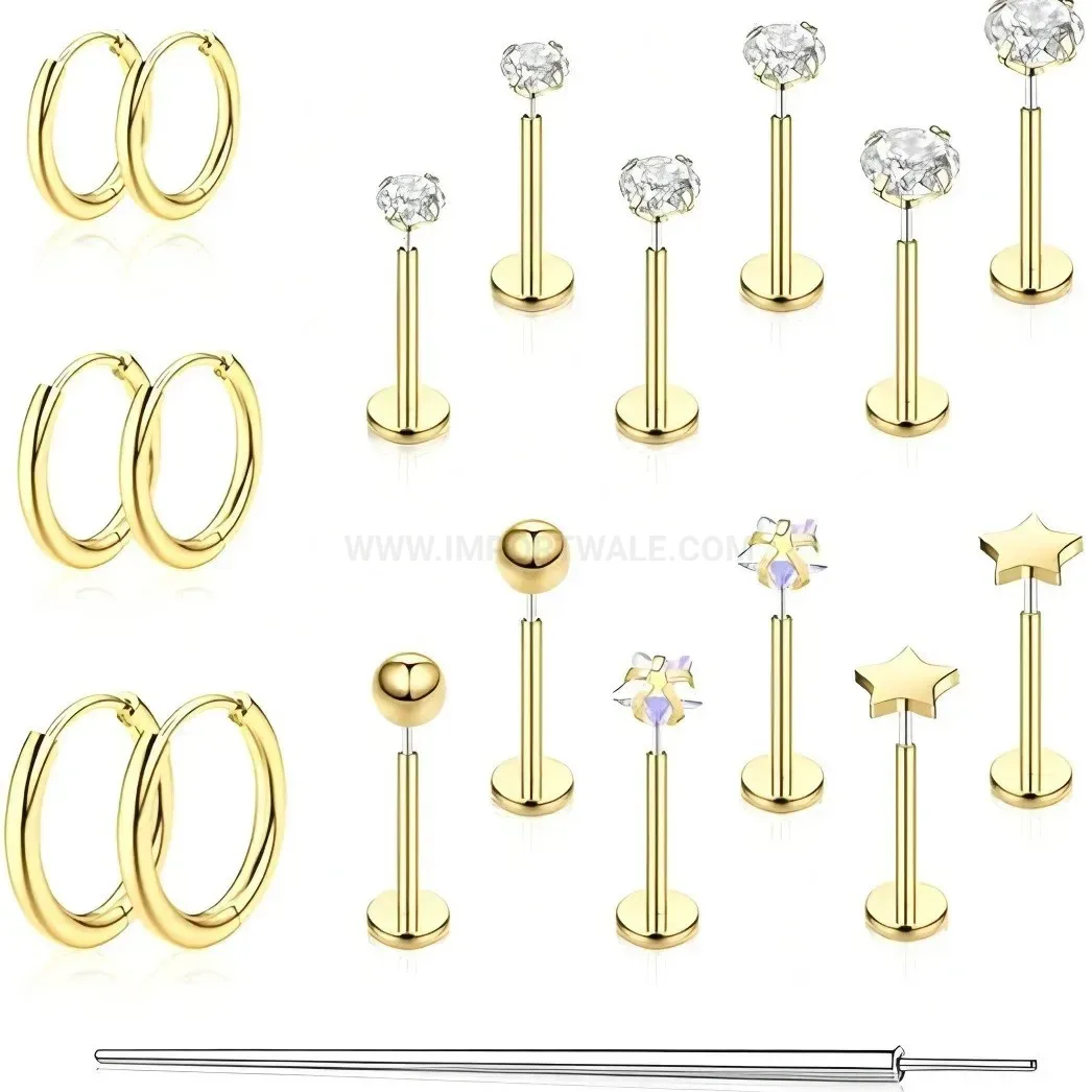 Fashion Minimalist Titanium Steel Star Zirconia Flat Back Piercing Stud Set