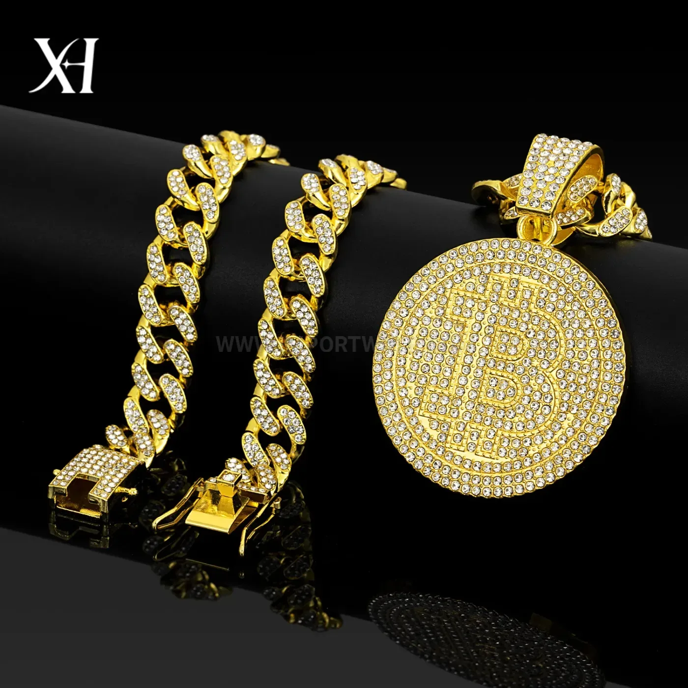 Classic Rhinestone Letter B Medallion Cuban Link Pendant Necklace