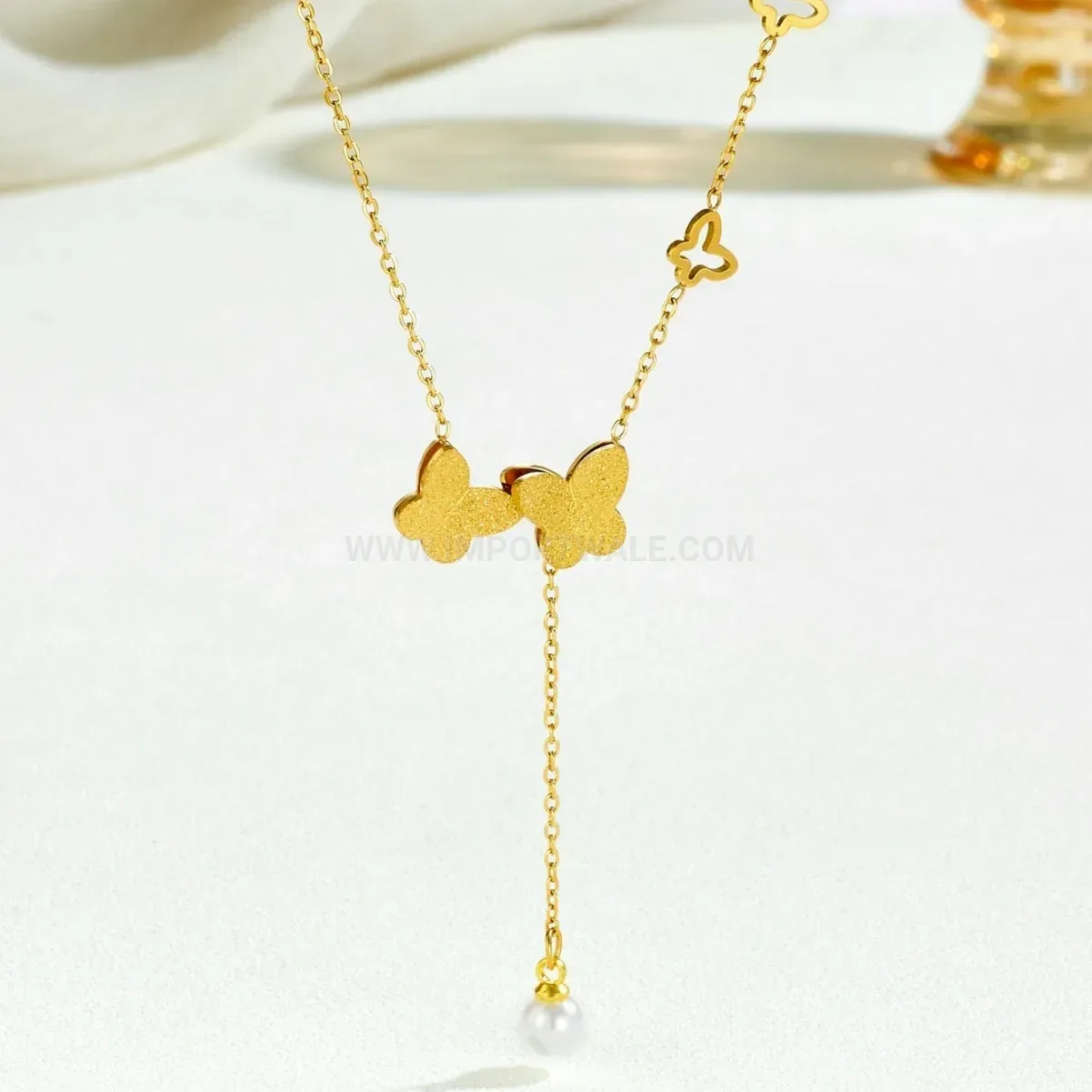 Bold Gold Stainless Steel Butterfly Shell Pearl Tassel Pendant Necklace