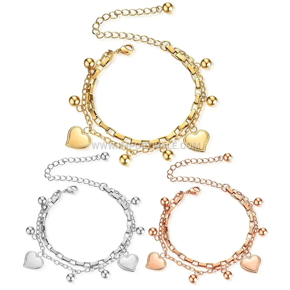 Multi Strand Heart Charm Bead Stainless Steel Bracelet