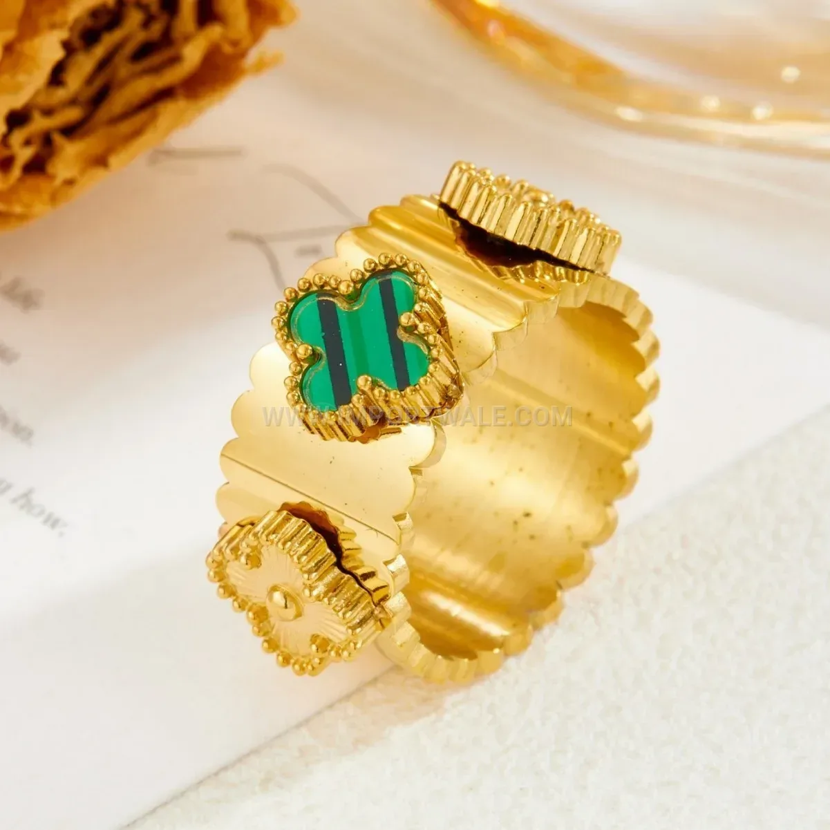 Gold Plated Stainless Steel Four Leaf Clover Band Ring