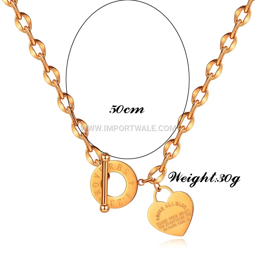 Hollow Heart Roman Numerals OT Clasp Stainless Steel Necklace