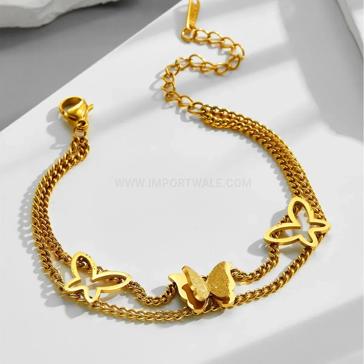 Gold Plated Layered Hollow Butterfly Charm Stainless Steel Bracelet