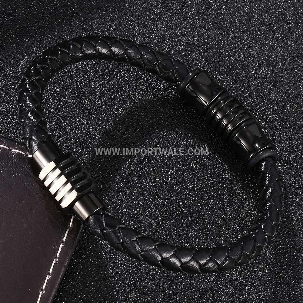 Woven Black Leather Wristband with Stainless Steel Magnetic Clasp