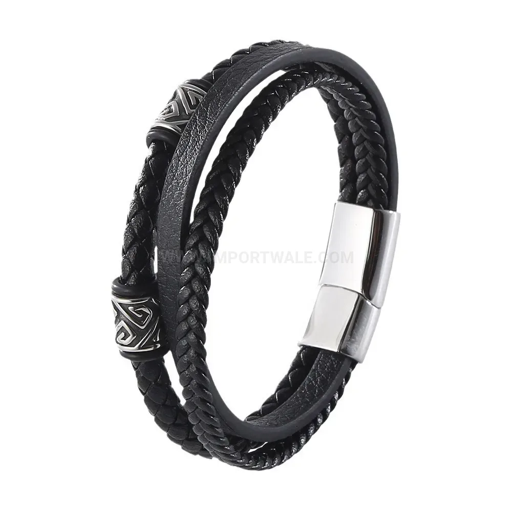 Multi-Strand Cowhide Leather Wristband with Stainless Steel Accents