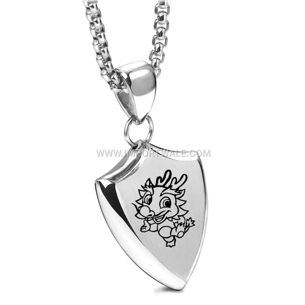 Engraved Shield Triangle Zodiac Stainless Steel Pendant Necklace