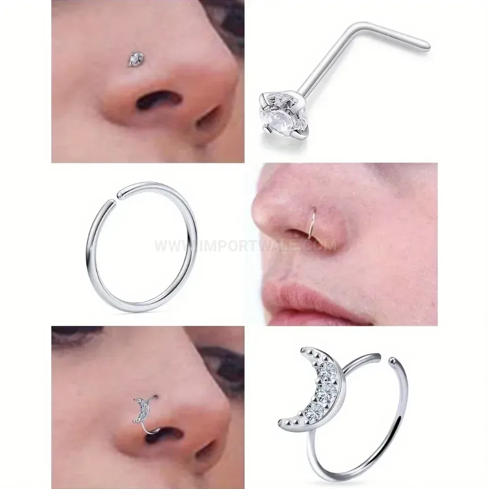 Bold Delicate Gemmed L-Shaped Stainless Steel Nose Stud Set