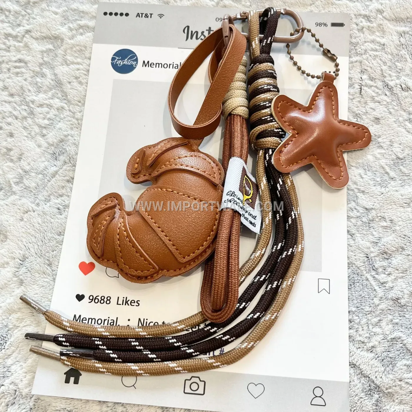 Croissant and Star Leather Bag Charm Keychain