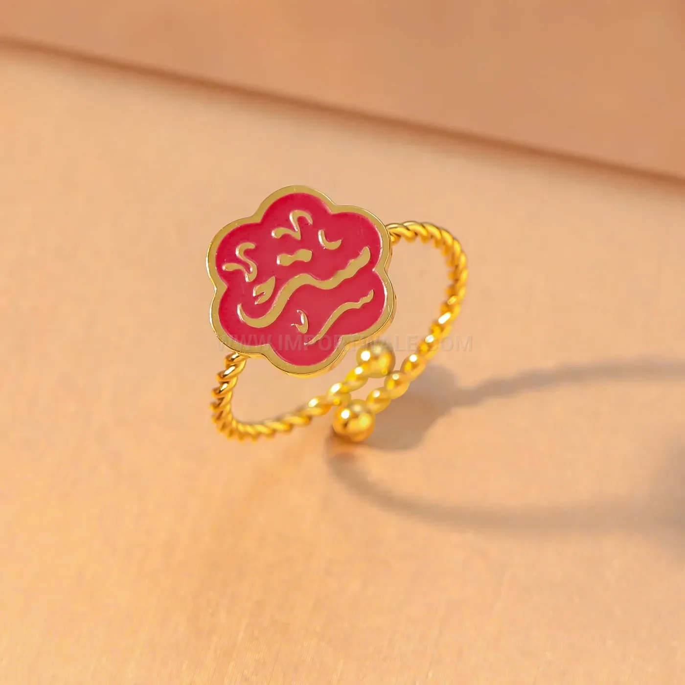 Trendy Stainless Steel Islamic Enamel Floral Arabic Calligraphy Open Ring