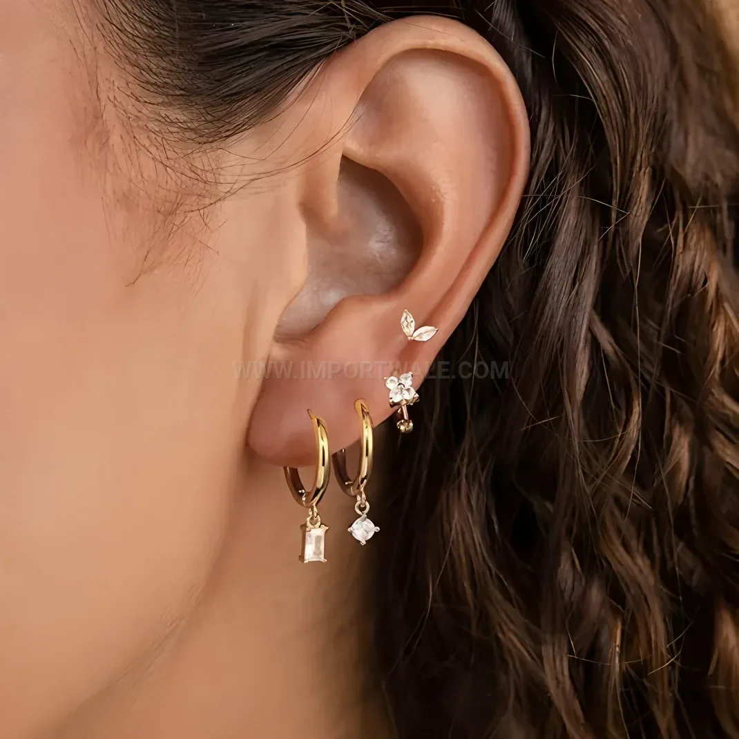 Designer Asymmetric Stainless Steel Zirconia Floral Cartilage Earring Set