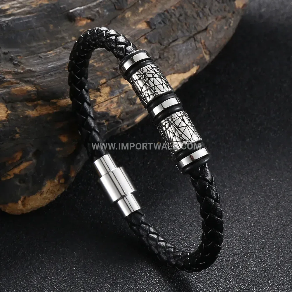 Beaded Braided Leather Wristband with Stainless Steel Accents