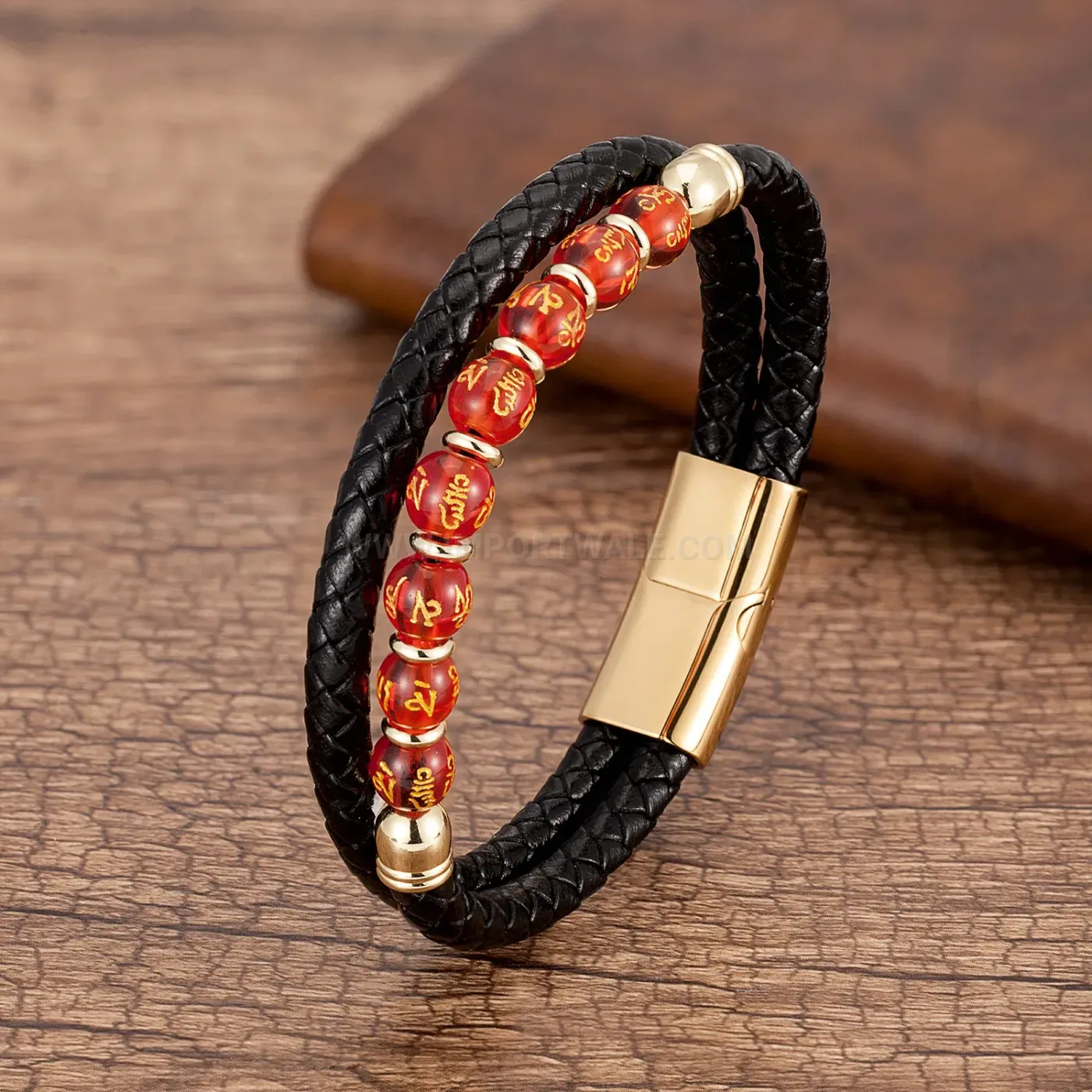 Braided Leather Stone Bead Bracelet with Stainless Steel Clasp